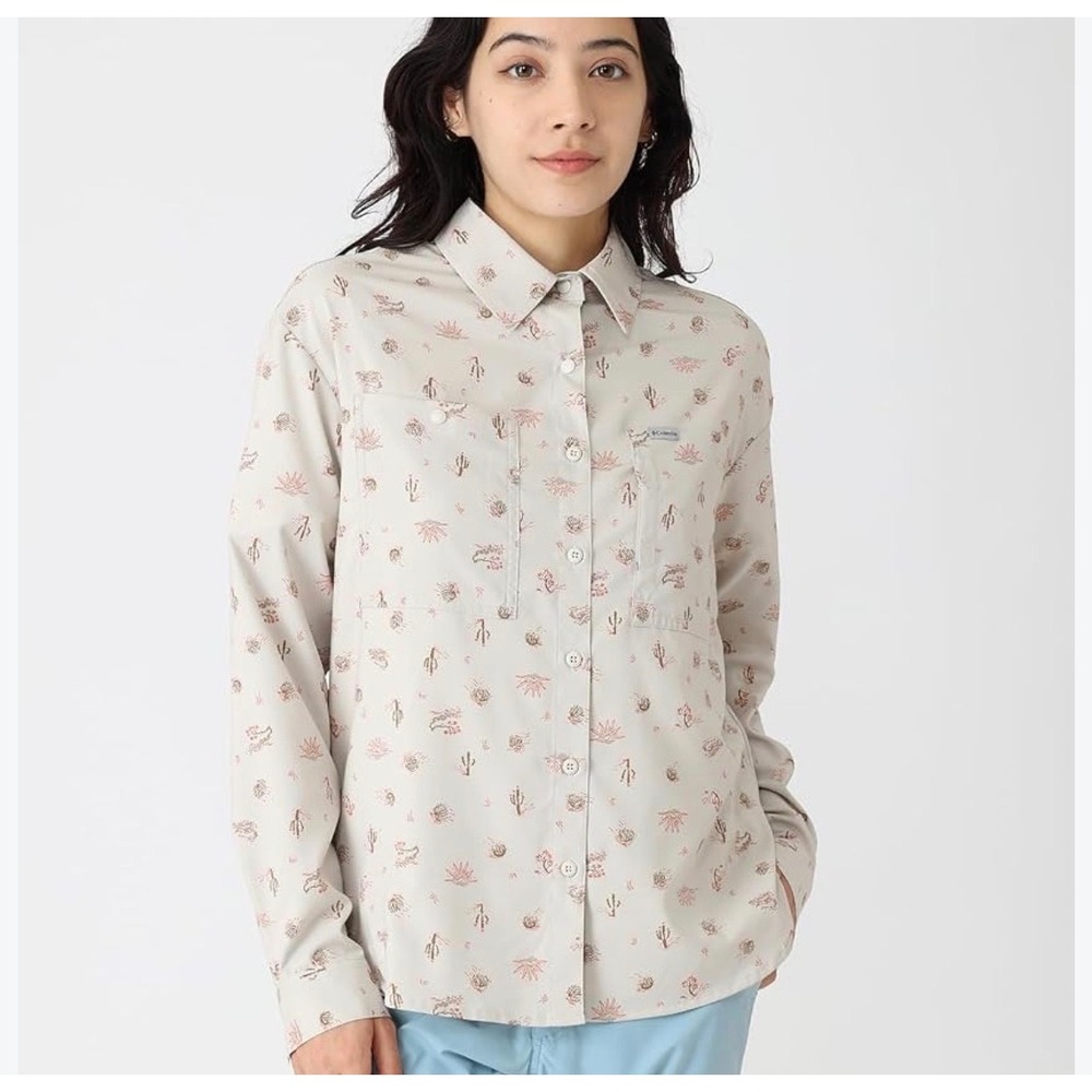 NWOT Columbia Button Down Shirt Womens Large Tan Cactus Print UPF 40 Gorpcore